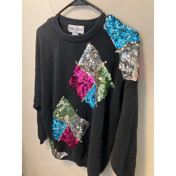 Vintage 80's Victoria Harbour Bright Sequined Long Sleeve Black Sweater Large - Picture 5 of 8